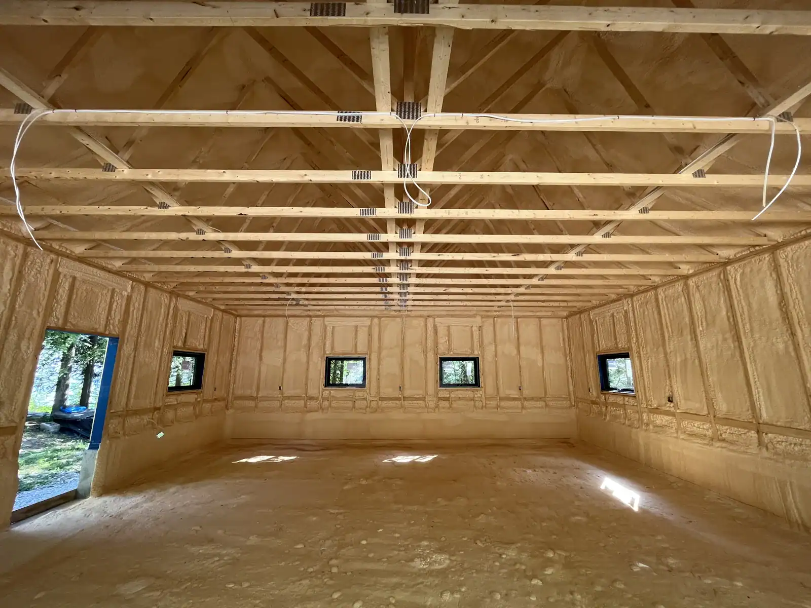 Wood-lined shop interior with lake-view windows