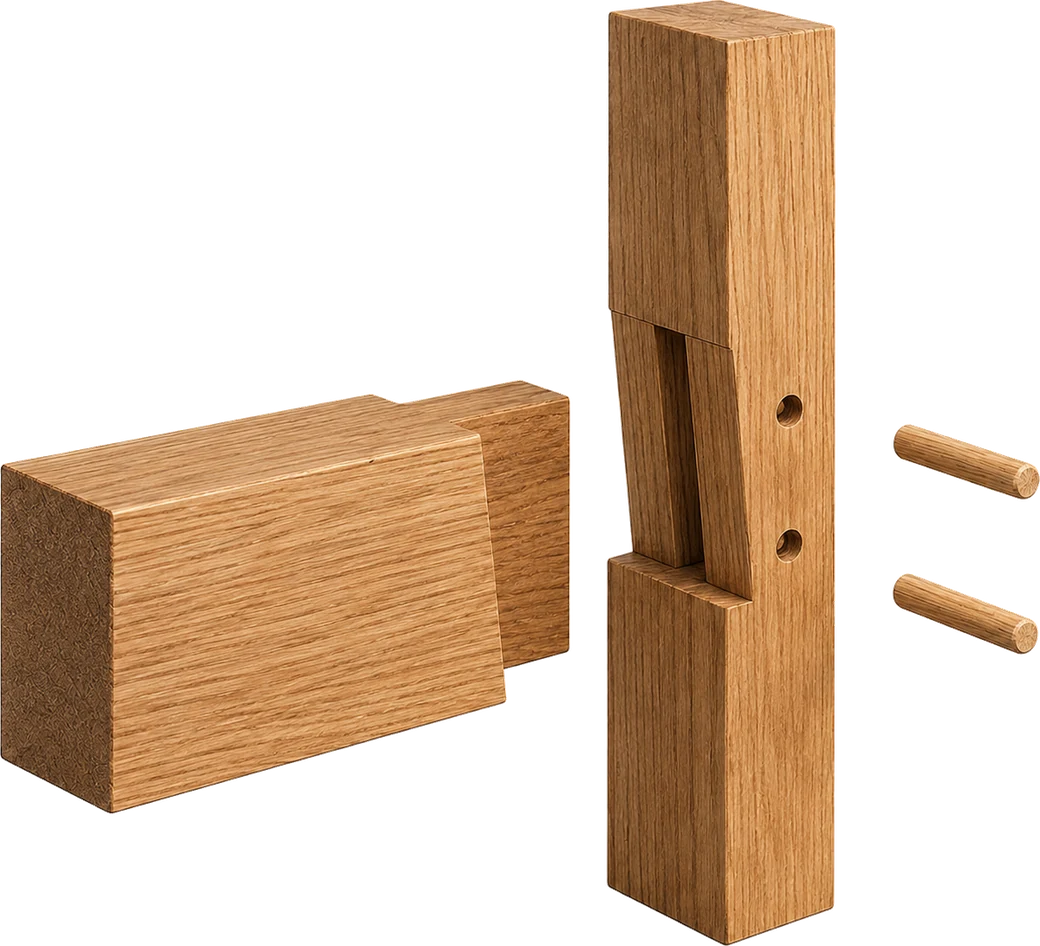 Handcrafted mortise-and-tenon timber joint with wooden pegs