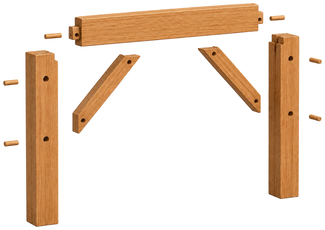 Timber frame bent, parts laid out: posts, tie beam, knee braces and pegs