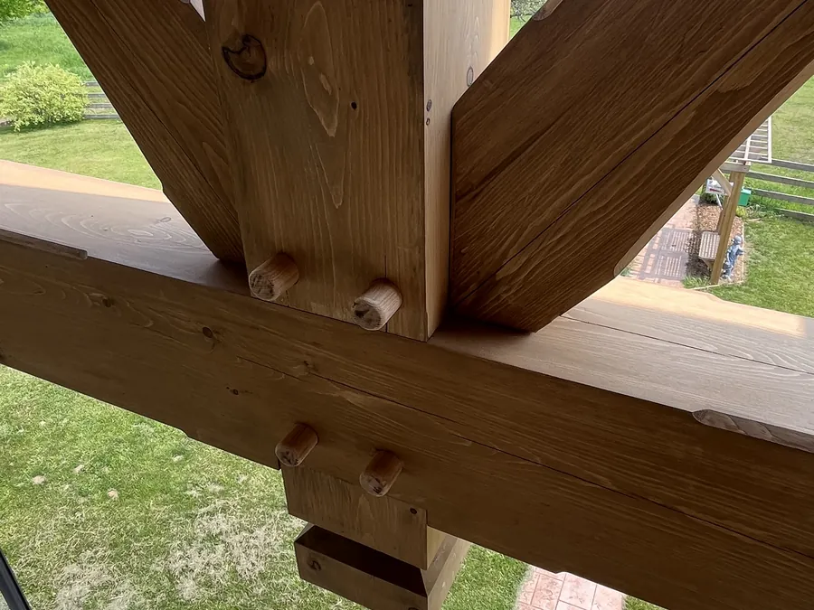 Pegged post-and-beam mortise-and-tenon joint, close up